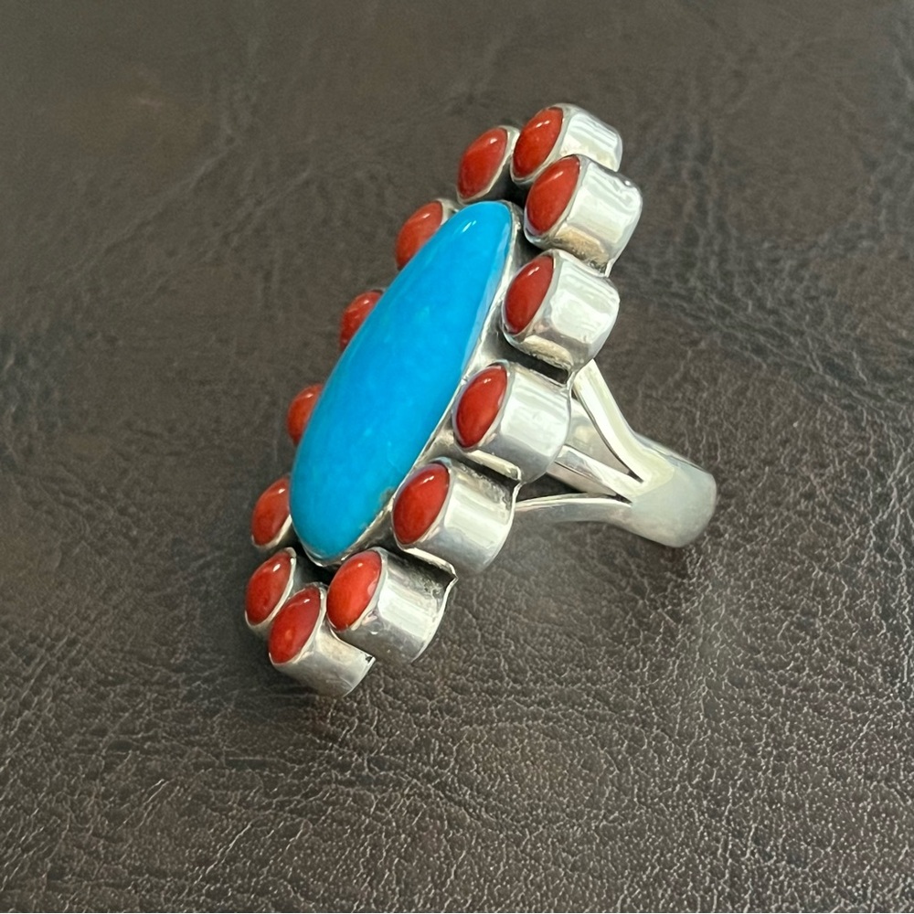 Vintage signed Navajo large Turquoise Coral and sterling silver ring - Picture 7 of 12